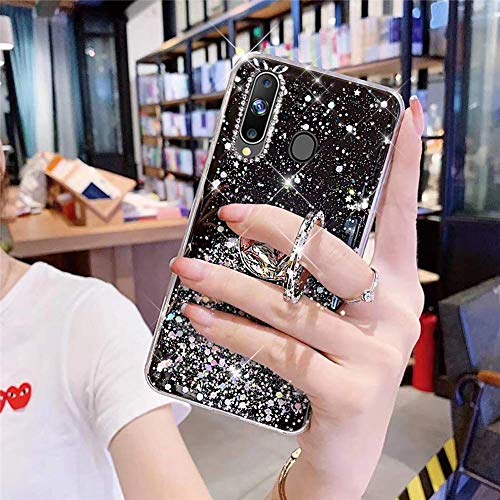 Uposao Compatible con Galaxy A20S Funda Purpurina Glitter Estrellas Diseño con Anillo Soporte Móvil Brillante Bling Silicona TPU Funda Carcasa a Anti choque Antiarañazo Suave Funda,Negro