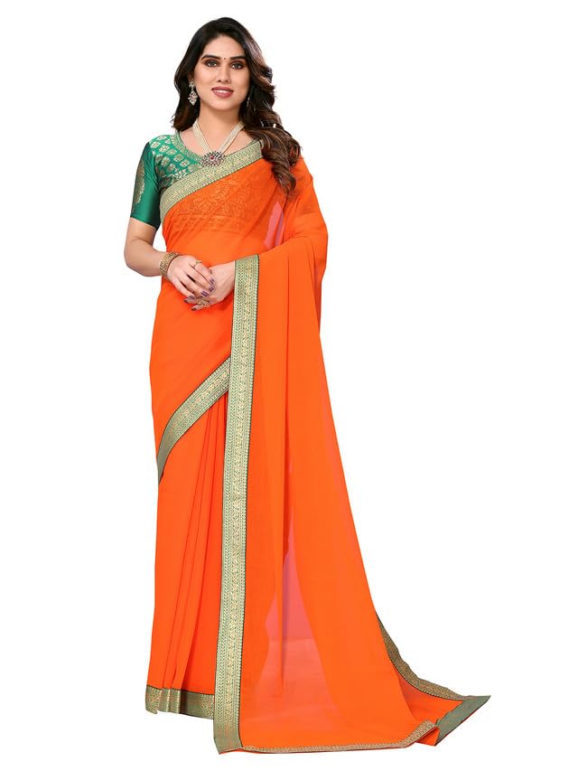 Image of Satrani Women's Woven Jari Border Chiffon Saree with Unstitched Blouse Piece( 