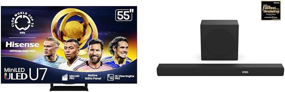 Hisense 55U75QG Mini-LED 4K UHD Smart Google TV AX3100Q 3.1Ch Sound Bar with Wireless Subwoofer