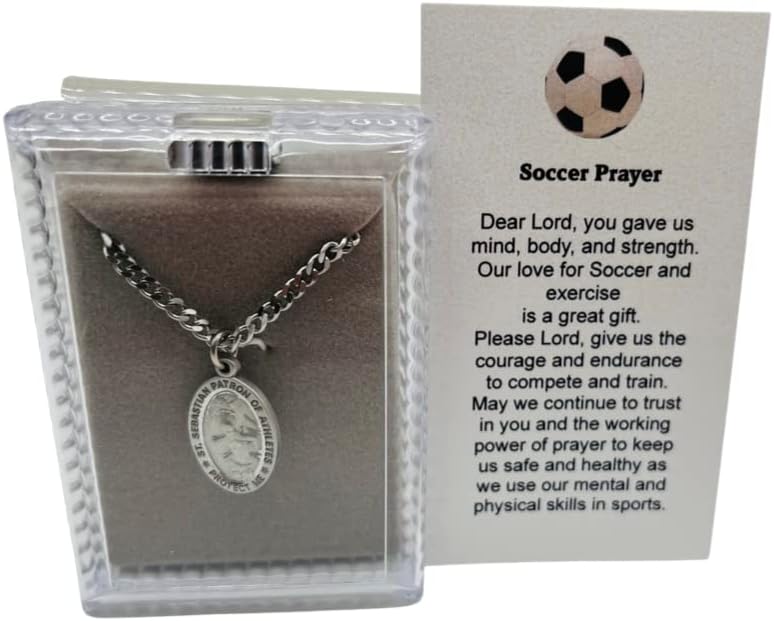 Westmon Works St Sebastian Soccer Medal Set with Pewter Pendant Medallion on a Stainless Steel Chain Prayer Card Boxed - Image 2
