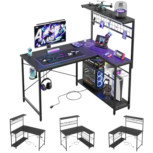 Bestier L-Shaped Gaming Desk with Power Outlets, LED Workstation with 4 Tiers Shelves for Home Office, Gamer Reversible Table with Hooks and Cup (BDCF, 106cm) - Image 5