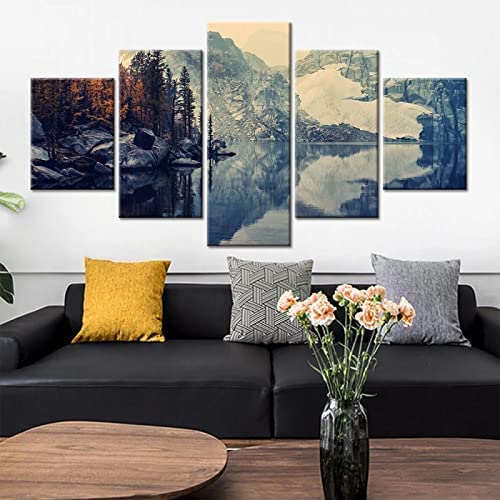 Prints On Canvas 5 Piece Wall Art Print Canvas Painting Lake And Mountain View Hd Print 5 Panel Canvas Pictures Poster Home Wall Decoration Artwork Mural Photo (Xxl/Without Frame 200 X 100-1S9P/R2H