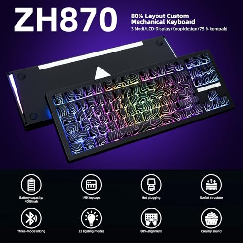 Image of ZORNHER ZH870 Wireless Gaming Mechanical Keyboard,80% Black Custom Creamy Sound Keyboard with Lighted Up Black Topographic Keycaps,Creamy Sounding Linear Switches,Hot-Swappable,RGB Backlit