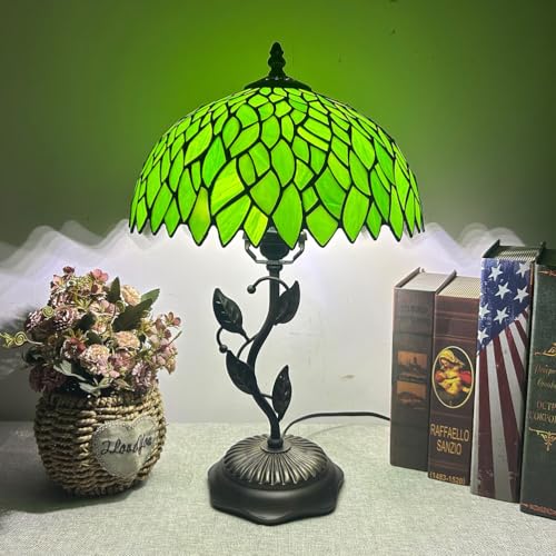 BOTOWI Lámpara de Mesa Tiffany de Vidrio Tiffany Luz de Escritorio Base de Metal de 12x19 Pulgadas Tulipán Rosa Libélula Barroco Glicinia Lámpara de Lectura para Mesita de Noche,Green Wisteria