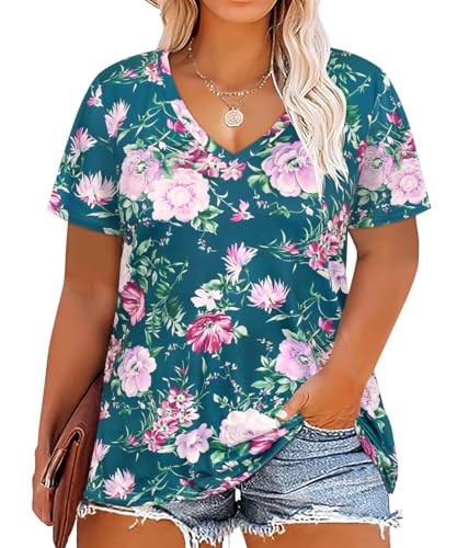 Image of RITERA Women Plus Size Tops Tie Dye V Neck Shirt Floral Camo Summer Short Sleeve Tunic Oversized Ladies Blouse XL-5XL