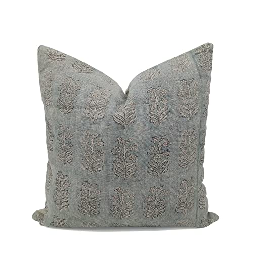 Fabritual Handmade Block Print Thick Linen 16X16 Square, Throw Pillow Case Cushion Cover for Sofa, Couch and Bed, Fall Decoration, Farmhouse, Living Room, Boho Home Décor, Indradhanush, Light Grey