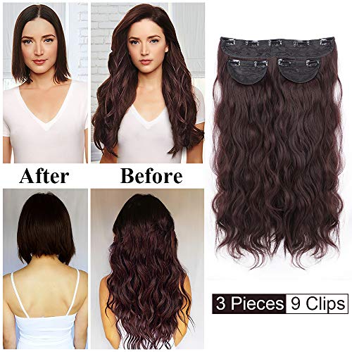 Dee Thens 3PCS 22 Inches Synthetic Clip in Hair Extension for Women with Curl Long Wavy Hair Extensions Dark Brown Thick Hairpiece Wavy Hairpiece 260g.