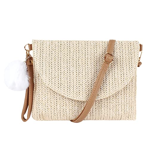 Van Caro Straw Wristlet Clutch Straw Shoulder Bag Straw Crossbody Bag Handwoven Envelope Pompom Purse Beach Bag For Women,Beige #TOP2
