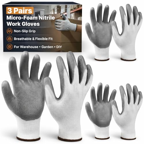 Work Gloves, 3 Pairs - Nitrile Coated Non-Slip Grip Working Gloves for Men & Women, Lightweight...