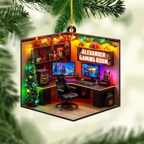 LOVELYPOD Personalized Gamer Room Ornament, Custom PC Setup and LED Light Acrylic Decoration, Unique Christmas Tree Ornament Gift for Gamers, Streamers, and Tech Lovers