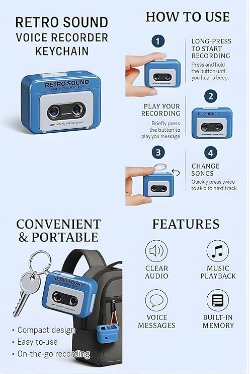 Image of Retro Sound Voice Recorder Keychain - Mini Cassette Style Voice Message Recordr with Playback, Portable Keychain Audio Recording Gadget, Gifting Keychains, Pack of 1