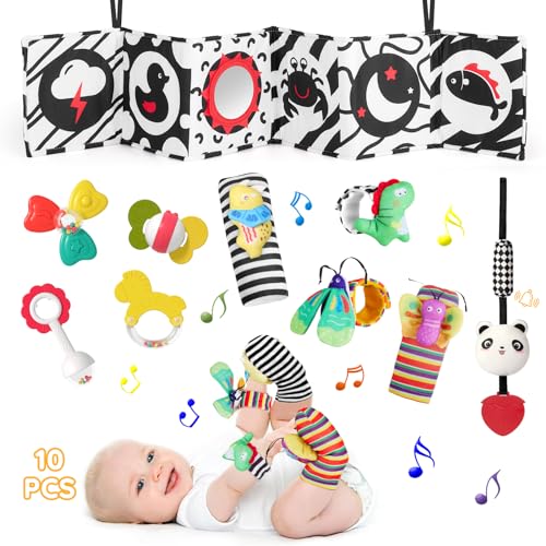 Image of VoMii Baby Rattles 0-3-6 Months+ Teething Rattles Set Wrist Socks, Black and White High Contrast Baby Toys for Newborn, Montessori Toys Sensory Infant Tummy Time Toys, 6-12 Months Baby Boy Girl