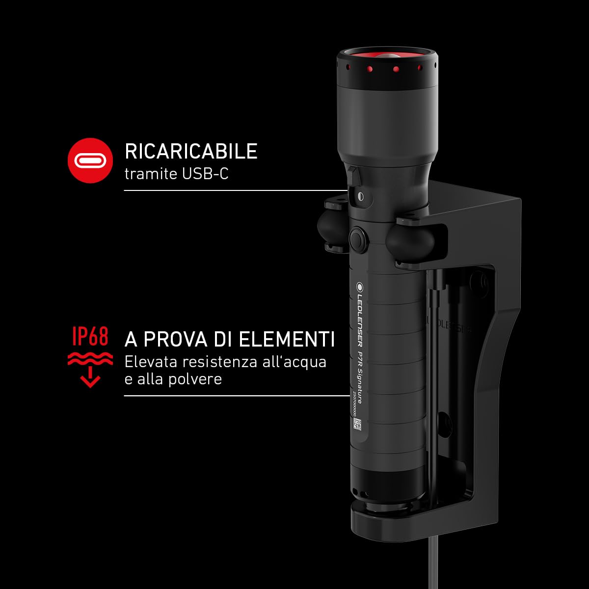 Ledlenser P7R Signature Torcia Ricaricabile, 2500lm, 340m, IP68, USB-C | Autonomia 80h, messa a fuoco regolabile, 8 modalità, impermeabile, 197g, custodia da cintura, per campeggio ed escursioni