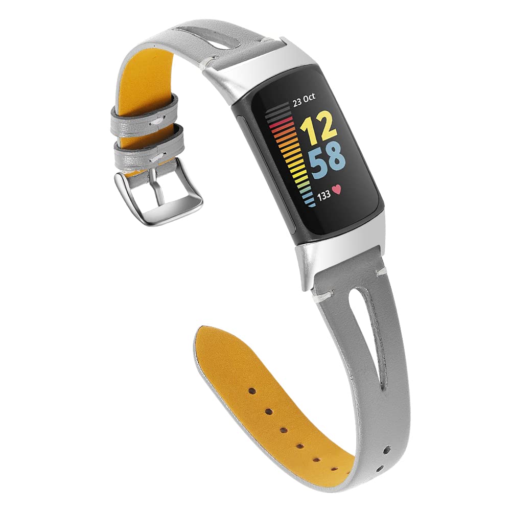 Chofit Replacement Straps Compatible with Fitbit Charge 6/Charge 5 Strap, Slim Hollow Leather Straps Wristbands Bracelet for Women Girls for Charge 6 Activity Tracker (Gray)