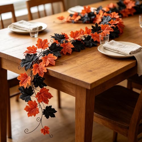 2 Pack 6.5FT Artificial Autumn Halloween Garland with Maple Leaf Decor (Red) - image 2