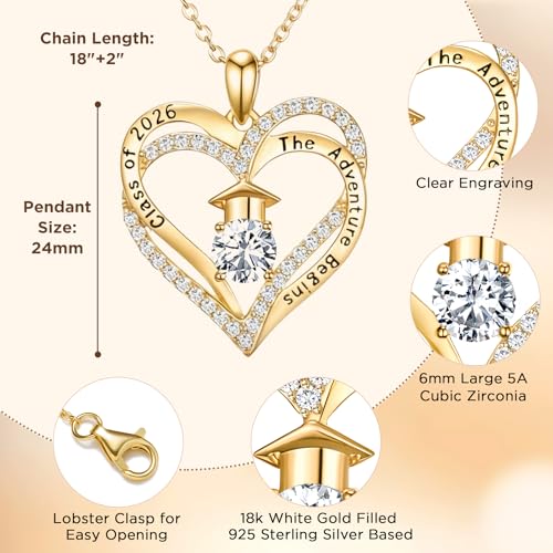 NORBU The Adventure Begins 18K Gold Over S925 Graduation Gift for Her 2026, 5A CZ Graduation Cap Double Heart Pendant Necklaces for Women High School College Grad Jewelry Gift by NORBU - Used condition - Image 2