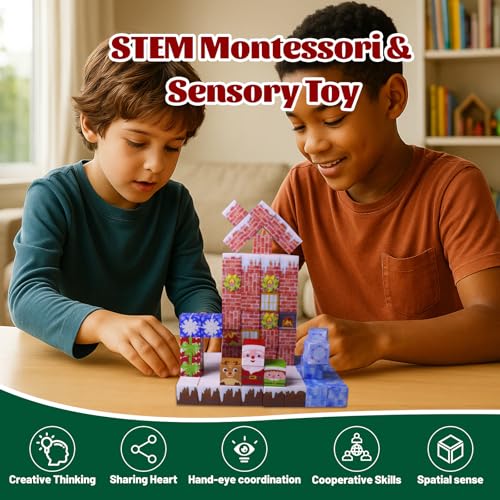 Magnetic Blocks - 150 PCS Magnets Block 3D Sensory Educational Interactive Building Toy Set for Toddlers Kindergarten Creative STEM Learning Gift, Magnet Tiles Construction Suit, Snow and Christmas