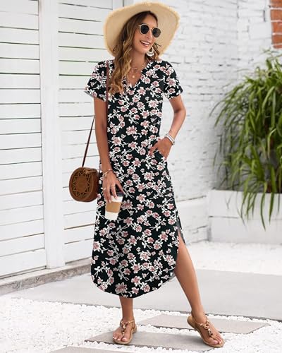 Image of MISFAY Women's Summer Maxi Dress 2026 Casual Short Sleeves V Neck Loose Sundress Split Long Beach T Shirt Dress