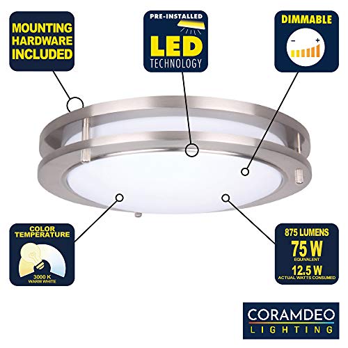 Coramdeo 10 Inch Led Satin Nickel Ceiling Flush Mount Light For Hallways, Bedrooms, Entry, Built In Led Gives 100W Of Light From 14W Of Power, 980 Lumens, 3K, Dimmable, Nickel Finish, Acrylic Lens #TOP1