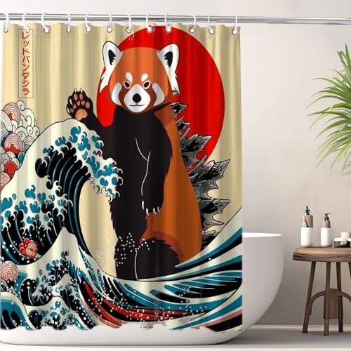 Image of Funny Cute Red Panda Shower Curtain, Japan Animal Ocean Sea Wave Fabric Shower Curtains Set, Japanese Art Shower Curtains with Hooks, Kids Bathroom Art 72x72inch