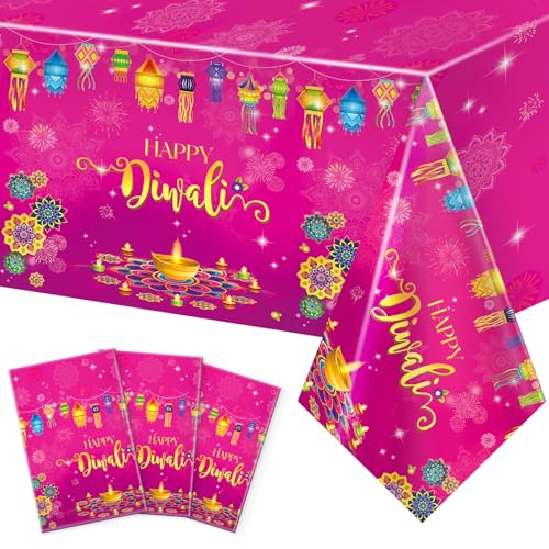 Image of Miucat 3Pcs Diwali Decorations Tablecloth, Waterproof Plastic Table Cover Diwali Table Cloth for Indian Diwali Light Celebration Party Supplies Decorations, 54x108 Inch