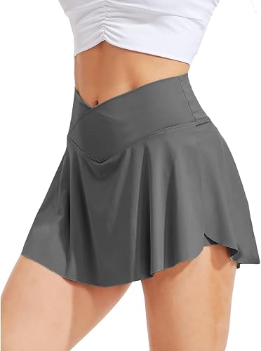 RIOJOY Tennis Skirts for Women with Pockets Inner Shorts Cross High Waisted Golf