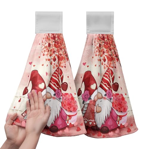 Valentines Day Gnome Bathroom Hand Towels with Loop Set of 2 Pink Hearts Rose Hanging Dish Kitchen Towels 17 x 12 inch Soft Absorbent Sweet Love Tie Towel Dishcloths for Washroom Bathroom Kitchen