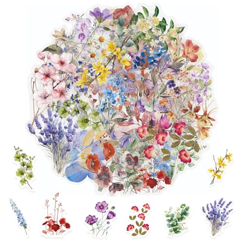 Caelura 104 Stück Scrapbooking Sticker Set, Wasserfeste Sticker Blumen, Transparente PET Aufkleber Blumen, Scrapbook Stickers für DIY Scrapbooking, Laptops, Handyhüllen, Fotoalbum, Wasserflaschen