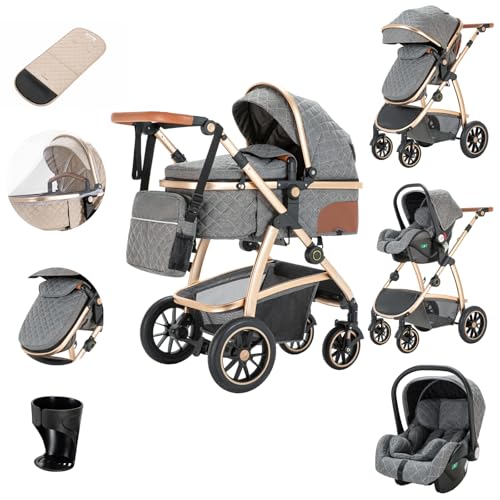 Zkiprm Cochecito 3 en 1 con asiento de coche para cochecitos y cochecitos de coche compacto, portátil, apoyabrazos ajustables, protección contra golpes, marco de aluminio Gris