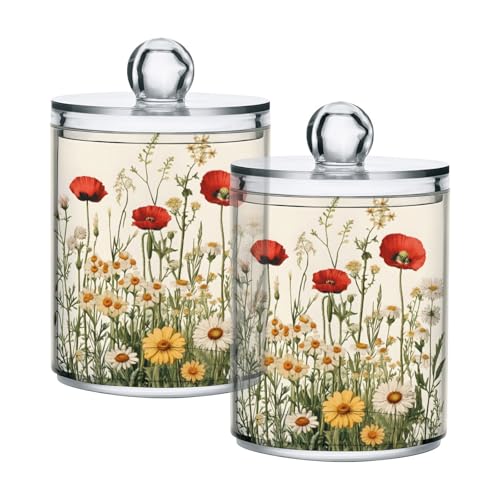 Msyxl 2 Pack Classic Botanical Pattern Apothecary Jars with Lid, Qtip Holder Storage Containers for Cotton Ball, Swabs, Pads, Clear Plastic Canisters for Bathroom Vanity Organization (10 Oz)