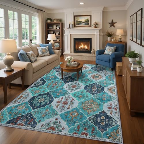 FLYRUGGO 5x7 Area Rugs, Washable Boho Rugs for Living Room, Moroccan Trellis Bohemian Ultra Soft Large Non-Slip Carpet for Dining Room Office Bedroom - Teal Blue