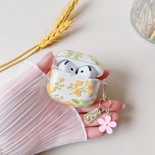 Image of MINSCOSE for AirPods 4 Clear Case,Cute Colorful Flower Pattern Design with Girly Floral Keychain,Soft Silicone Protective Shockproof Cover with Cleaner Kit for Girls Women-Yellow