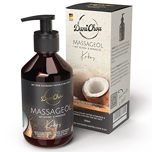 DaniChou Massageöl Kokos 250ml - Natürliche Entspannung - Mit Jojobaöl & Mandelöl - Exotische & tropische Brise - 100% Naturkosmetik & ätherische Öle - Ohne Paraffine & Farbstoffe - Pflegendes Öl