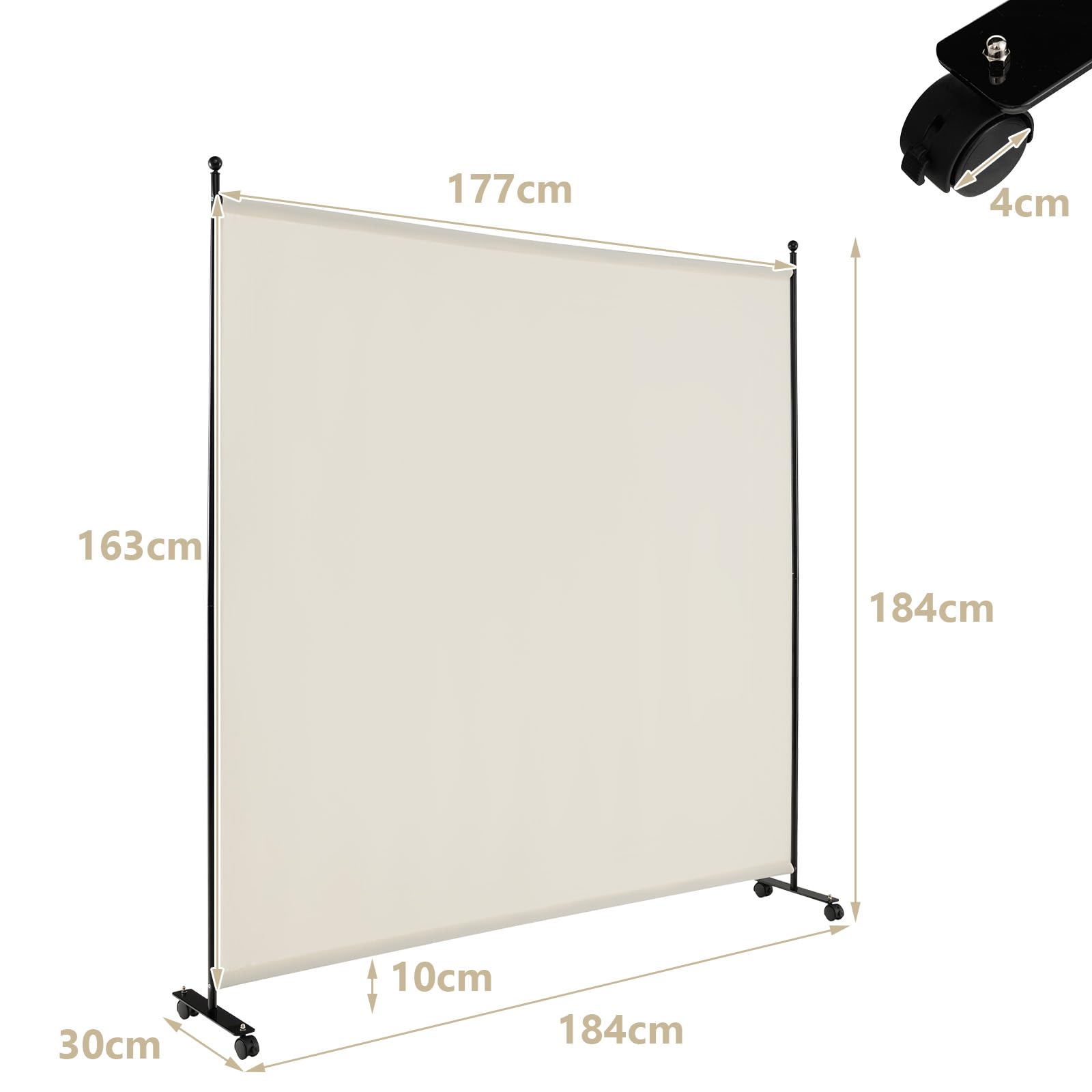 LIFEZEAL Biombo de 1 Panel, Separador para Interior, Exterior, Biombo Móvil Pared Divisoria, Marco de Metal con 4 Ruedas, Protección de Privacidad, Separador de Espacio, Byobu, 184 x 184 cm (Beige)