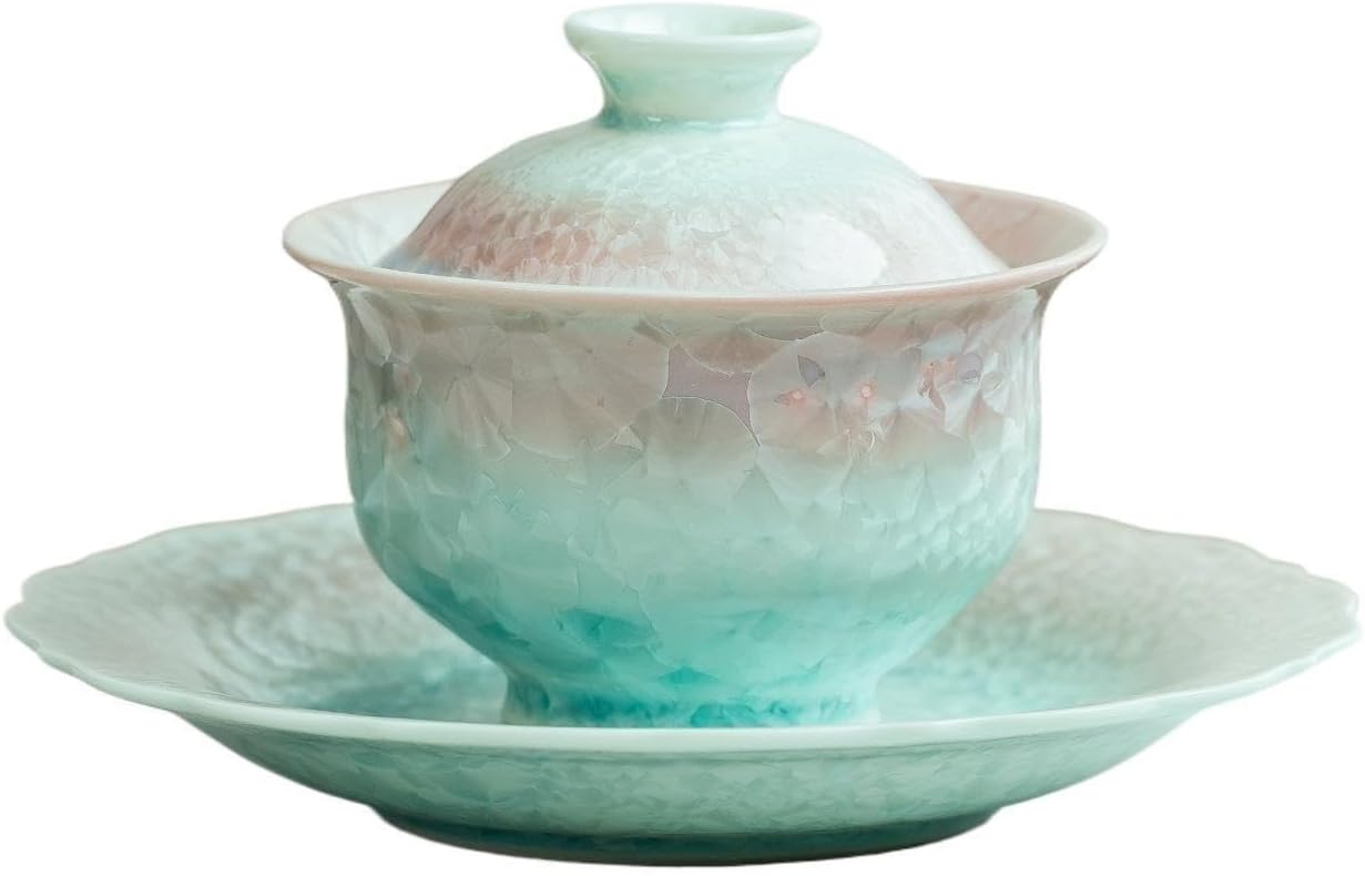 Kiln‑Altered Crystal Glaze Gaiwan Tea Bowl, Sancai Porcelain Gaiwan