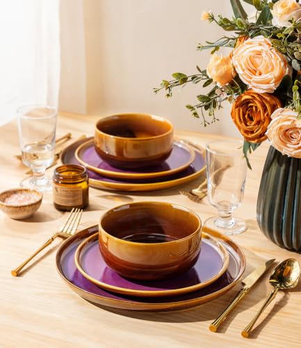 Image of TheTerra Ceramic Dinnerware Set for 4, 16-Piece Plates and Bowls Set | Handmade Reactive Glaze Dish Set, Scratch Resistant, Oven & Microwave & Dishwasher Safe, Amber Amethyst