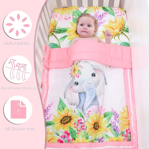 Image of Cloele Crib Bedding Set for Baby Girls, Pink, 3 Piece,Elephant Sunflower | Includes Crib Skirt, Quilt, Fitted Sheet, Sunflower Pattern, Soft Nursery Comforter Bedding Set