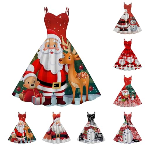 Weihnachtskleid Damen Elegant Sexy Weihnachten Partykleid Ärmellos Cocktailkleid A-Linie Swing Kleid Weihnachten Bedruckt Abendkleid Christmas Dress...