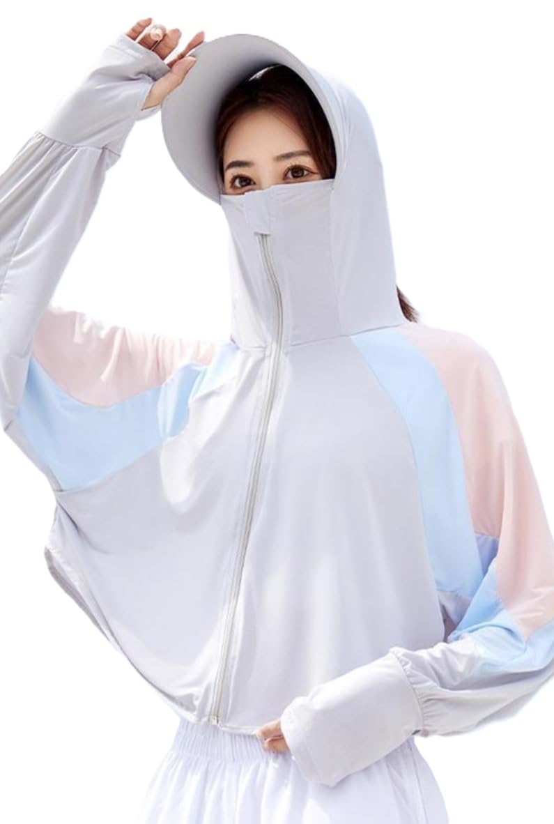 Size-L Women's UV Protection Jacket, Lightweight Summer Sun Screen Hoodie with Visor, UPF 50+ Protection for Outdoors, Shirt Full Zipper Sun Protection Jacket- FIT 50-65 KG