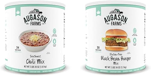 Augason Farms Southwest Chili Mix Net wt. 3 lbs 10 oz (1.65 kg) & Gluten-Free Black Bean Burger 2 lbs 14 oz No. 10 Can 1 Pack