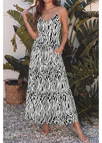 Image of KIRUNDO Sundresses for Women 2026 Spring Summer | Boho Floral Print Hawaiian Style, Sleeveless Spaghetti Strap, With Pockets, Beach Vacation Cruise Flowy Maxi Dress