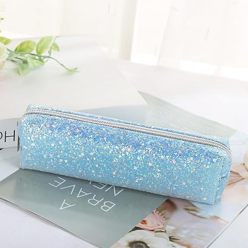 Image of Blue Pencil Box Glitter, Shiny Pencil Case, Stationery Zipper Portable Pencil Case, Stationery Storage Bag, for Daily Study Work (1Pcs)