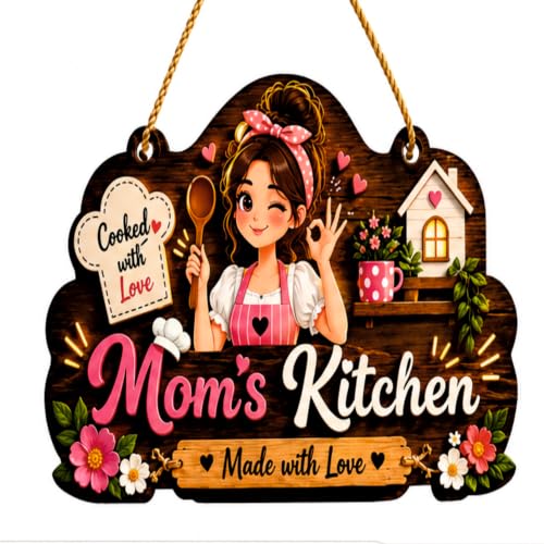 Image of DAKSHESTRY ARTWORKS Mom's Kitchen Wooden Hanging Sign | Cute Kitchen Wall Decor with inchMade with Love inch Quote | Decorative Door & Wall Hanging Plaque for Home, Dining Area, Restaurant, Cafe & Housewarming Gift