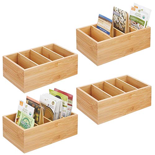 mDesign Bamboo Wood Compact Food Storage Organizer Bin Box - 4 Divided Sections