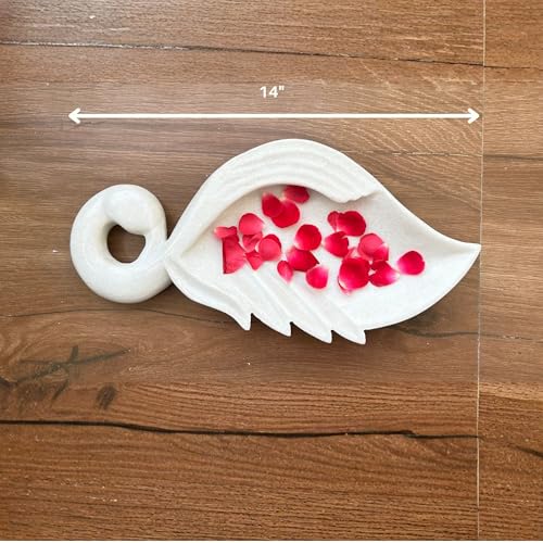Image of Marble Urli Bowl for Decoration | Big Potpourri Decorative Bowls in Home decor | Large White Floating Flower Plates of Stone | Small Shape puja Item | (14 inch, Flame)
