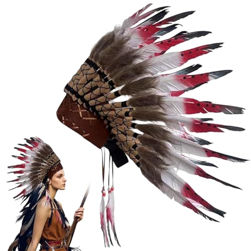Cosplay costumes d'Halloween avec coiffe indienne plumes et casque amérindien rouge