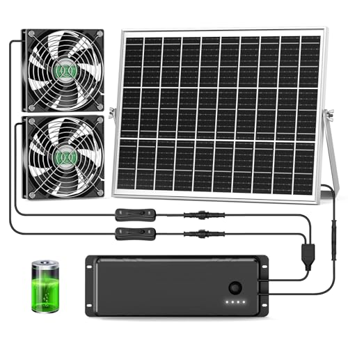 pqins Solar Fan with Battery, 25W Solar Powered Rechargeable Fan Outdoor Waterproof, 12800 mAh Battery Exhuast or Intake Fans, 16.7 ft Cord, for Chicken Coop Greenhouse Dog Shed Ventilation Cooling
