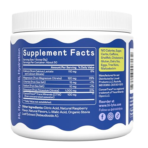 Image of Hi-Lyte K1000 Blue Raspberry Electrolytes Powder, 50 Servings - 1000mg Potassium + Magnesium, Sodium, Trace Minerals - 0 Carbs, 0 Sugar