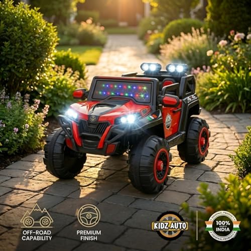 Image of KAB J 2188 Rechargeable Battery Operated Jeep for Kids with Remote Control | Electric Ride-On Toy Car with Music, Decorative Lights, Openable Doors, Suspension & Bonnet Lighting | Red