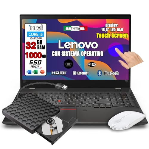 Lenovo Touch screen ThinkPad T580 i5-8250U 15,6 FULL HD • Ram 32Gb DDR4 • SSD 1Tb • Sistema operativo WIN 11 PRO e Office 365 • Ingressi HDMI LAN USB TYPE C • MOUSE+Lettore DVD